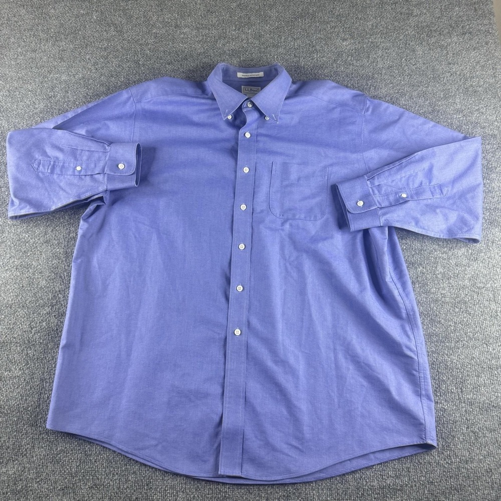 L.L. Bean Shirt Mens 17.5 Blue Wrinkle Resistant Long Sleeve Button Up Dress